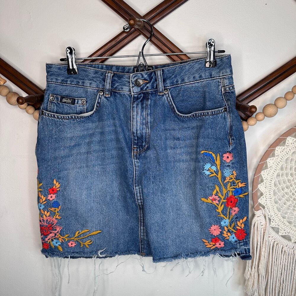 Superdry Indigo Floral Embroidered Jean Skirt